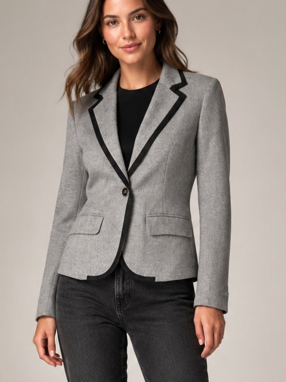 Merona Oxford Blazer Size 2 Gray Black Trim Gold Button Wool Blend Preppy